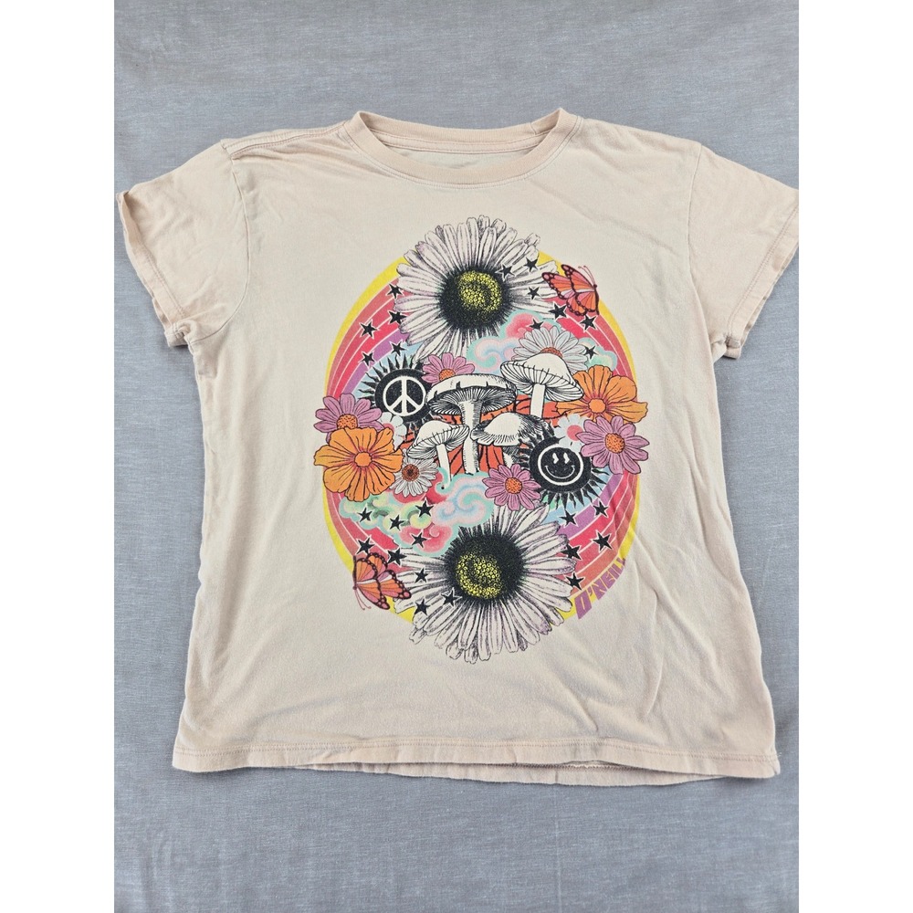 ONeill Womens Graphic Tee Tan Retro Mushroom Daisy Peace Sign Size L